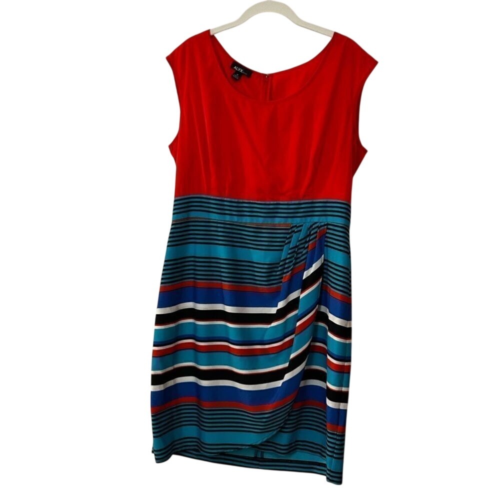 Alyx Faux‎ Wrap Dress 14 Women's Orange Blue White Striped Cap Sleeve Midi Lined